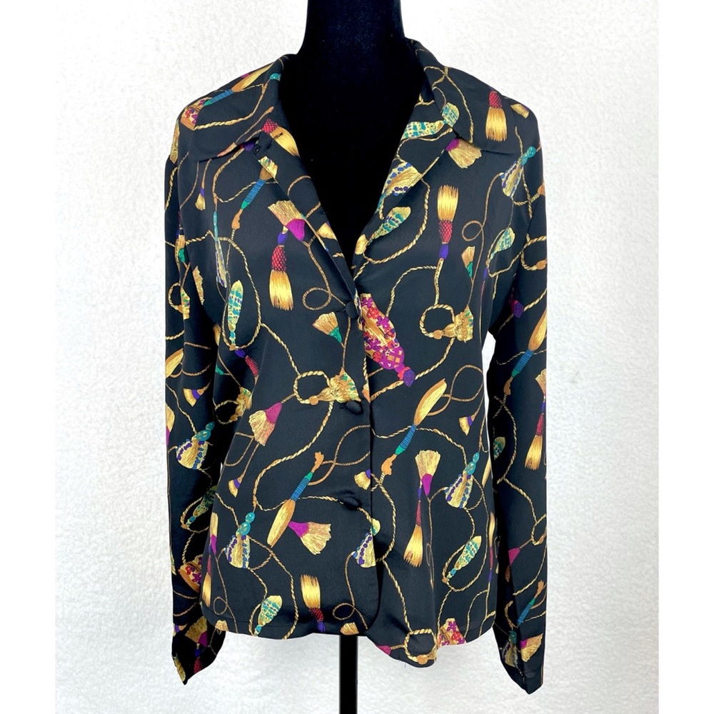 (VTG) CHRISTIE & JILL • Black Tassel Print Long Sleeve Blouse, 8 - Picture 3 of 15
